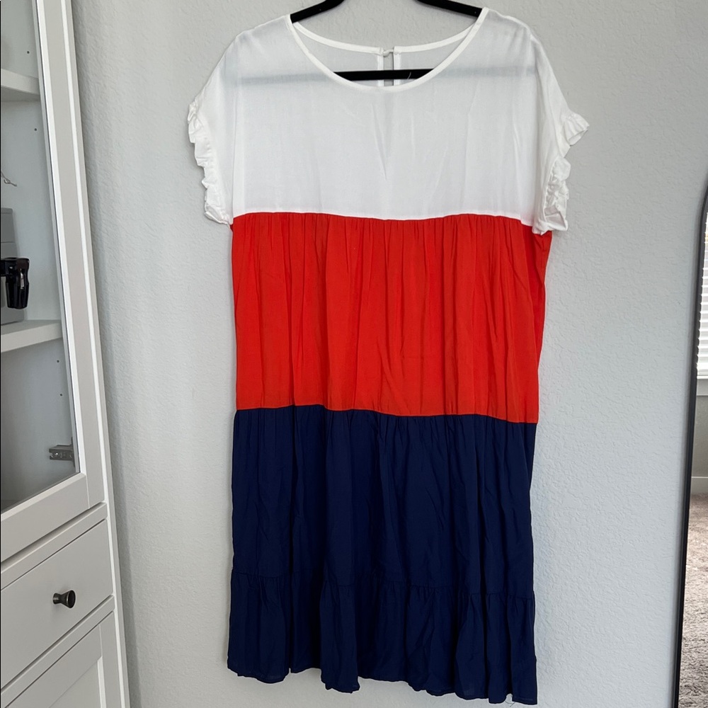 Red White Blue Americana Colorblock Dress with Ruffle Sleeves